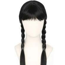 带刘海的黑色编织假发，女孩万圣节服装儿童假发 - 彩色 - 查看 3