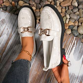 Women's White Flat Slip-On Loafers With Numeric Business PU Leather & Metal Chain, Suitable For Home, Office In Spring