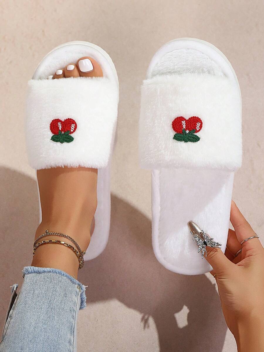 秋冬新款女款可愛水果櫻桃刺繡毛絨露趾舒適軟底室內拖鞋