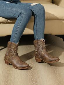 GLOBALWIN Square Toe Cowboy Boots For Women Western Boots With Low Heel Ankle Boots Cow Girls Outfits Women Fall Winter Spring Boots - 棕色 - 查看 8