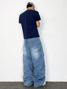 1 件男士休闲宽松阔腿牛仔裤，做旧牛仔布，带补丁设计，街头潮流 - 藍色 - 查看 3