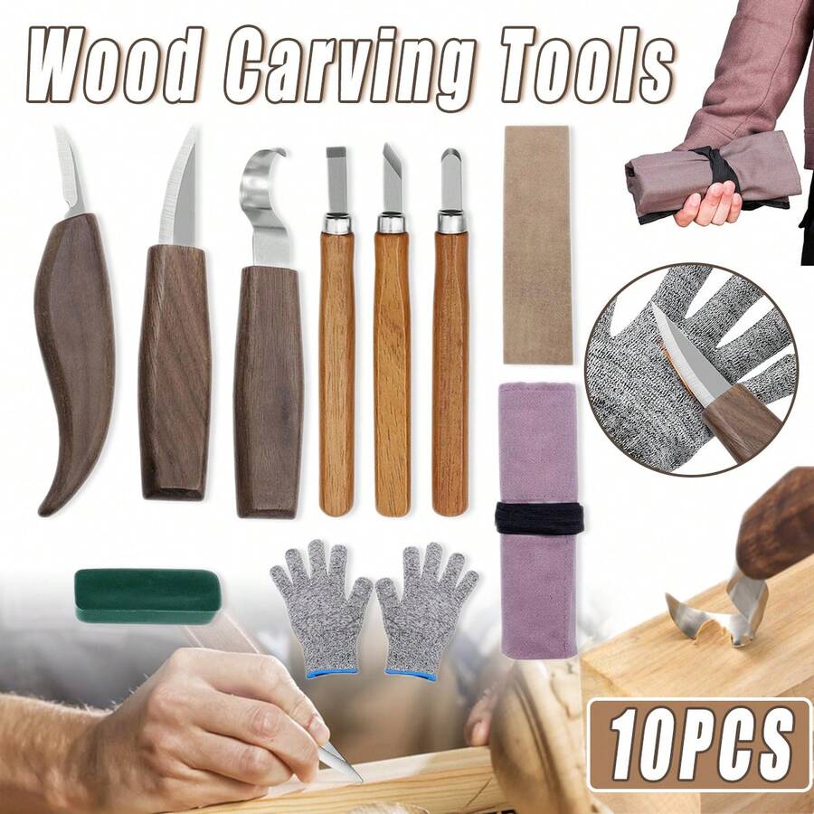 Aimall Wood Carving Kit, 10 PCS Wood Carving Set - Wood Carving Tools With Canvas Case,Sharp Cr-V 60 Steel Blades, Wood Chisel Sets For Beginners And Professionals
