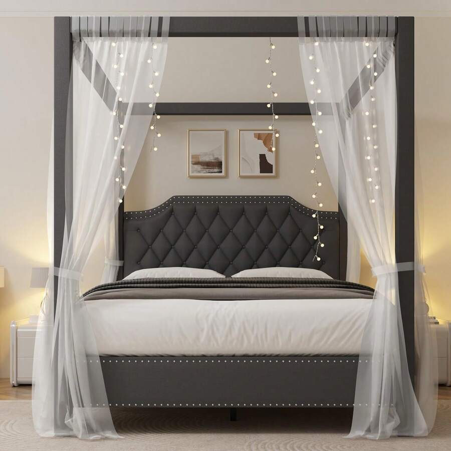 Ataucjin Full Size Canopy Bed Frame With Nailhead Decoration Headboard,Button Tufted,Upholstered Bed Frame With Poles 4 Corner Bed Bracket,Solid Wood Slats Support,No Box Spring Needed,Noise Free - Dark Grey - View 1