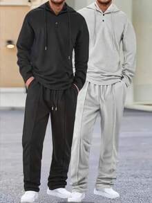 4-Piece Men's Autumn Casual Sports Suit - Long-Sleeved Long Pants Set - Casual Long-Sleeved Hooded Sports Shirt And Waist-Hugging Pants Set, Autumn Casual Wear. Sports Shirt Set. Hooded Shirt And Pants. Regular Fit, Knitted Fabric, Solid Color, Button Details, Spring/Autumn Collection, Long-Sleeved Casual Set Men's Suit Halloween Christmas Gift
