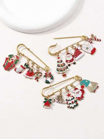 1pc New Santa Claus Cartoon Metal Brooch Pin With Bell, Tree, Gloves, Socks, Hat, Holiday Gift Accessory Jewelry Costume Accessories Bag Charms Office Accessories