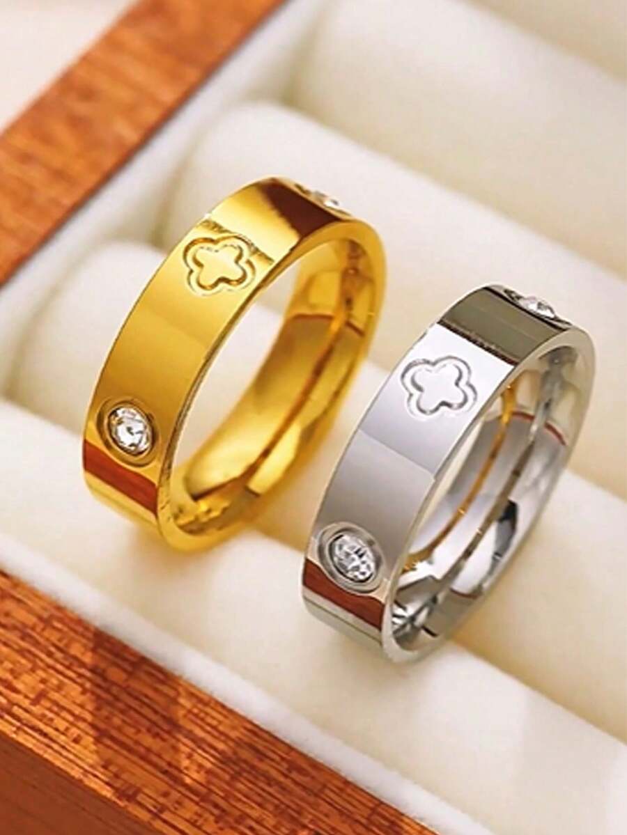 1pc 18K Gold Plated Women's Fashion Simple & Versatile Four-Leaf Flower Cubic Zirconia Stainless Steel Ring, Waterproof & Fade-Resistant, Suitable For Daily Wear, Parties, Gifts For Friends & Family