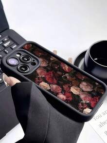1pc Black Floral Pattern Full Coverage TPU Shockproof Phone Case Compatible With IPhone 16, 15, 14, 13, 12, 11 Pro Max, Series - Multicolor - View 2