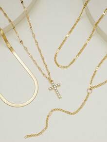 5pcs/Set Fashionable Y-Shaped Necklace Set, Elegant Vintage Design With Colorful Rhinestones, Cross, Snake Bone Chain, Minimalist Plain Chain Pendant Necklaces, Suitable For Holiday, Party, Daily Wear - Yellow Gold - View 4