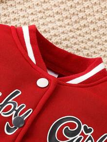 Toddler Girl Valentine's Day Casual Outfit. "Baby Girl" Letter Print Red Baseball Jacket & Pleated Skirt Set. Suitable For Sports, Photo Shoots, Everyday Wear, And Spring And Autumn Seasons. - Red+White - View 3