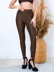 Fashionable Tight-Fitting Sexy Stirrup Leggings, Casual Wear For Parties, Spring/Autumn - Chocolate Brown - View 4