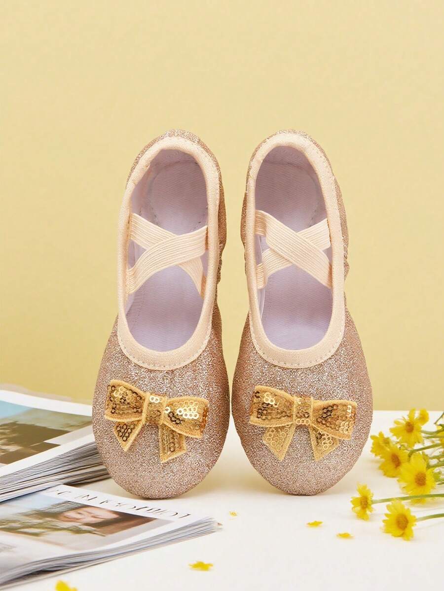 1 Pair Kids Cute Princess Style Bow Ballet Shoes, Soft Sole Indoor Training Shoes With Full Elastic Fabric, Suitable For Dance And Performance
