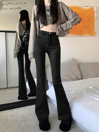 女式口袋喇叭裤百搭休闲牛仔裤