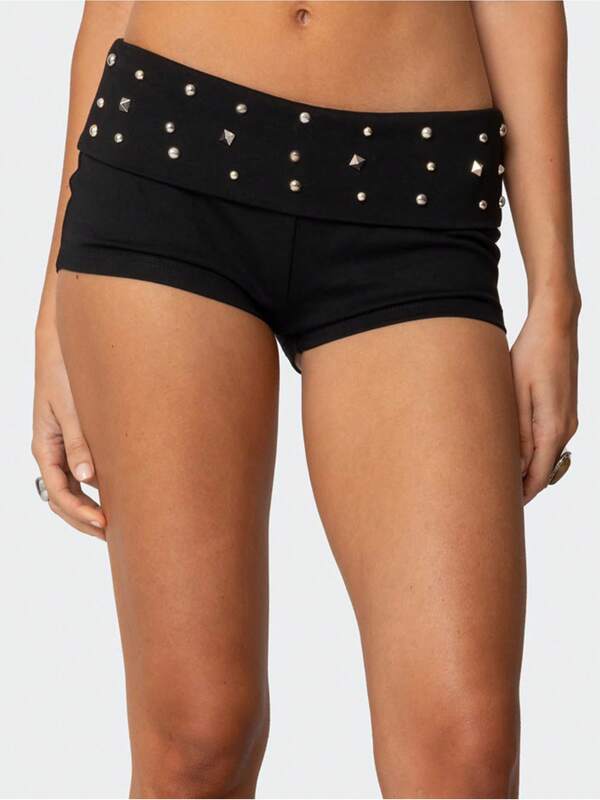 Women Y2k Grunge Low Rise Studded Shorts Fold Over Micro Shorts Pajama Shorts Rivet Embroidered Boxer Shorts Punk Stretchy Vintage Going Out Foldover Mini Hot Shorts
