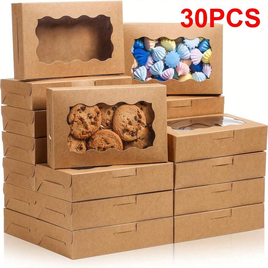 30个牛皮纸烘焙盒，带透明窗口，食品包装盒，小型零食容器，适用于饼干、蛋糕、糖果 - 非常适合甜点、马卡龙包装盒、新年糖果包装盒、婚礼、生日、圣诞节、感恩节、情人节、母亲节、家庭食品包装纸盒、甜点包装盒