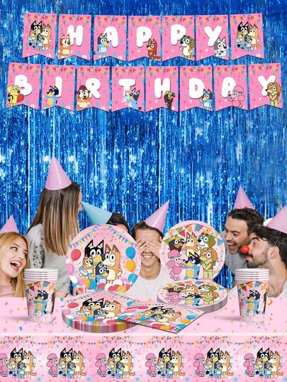 MASSDI Pink Bluey Theme Birthday Party Supplies, Tablecloth, Plates, Cups, Napkins, Flags, Cartoon Character Holiday Party Disposable Tableware, Birthday Party Decoration Set, Halloween And Christmas Gifts