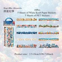 10 件海滩、海滨、云彩、油画、森林、风景贴纸、长装饰贴纸、物品装饰贴纸、手册材料贴纸优质防水乙烯基贴纸适用于剪贴簿、日记本和笔记本电脑 - 耐用且装饰性的成人剪贴簿用品贴纸书架透明贴纸书封书贴纸书
