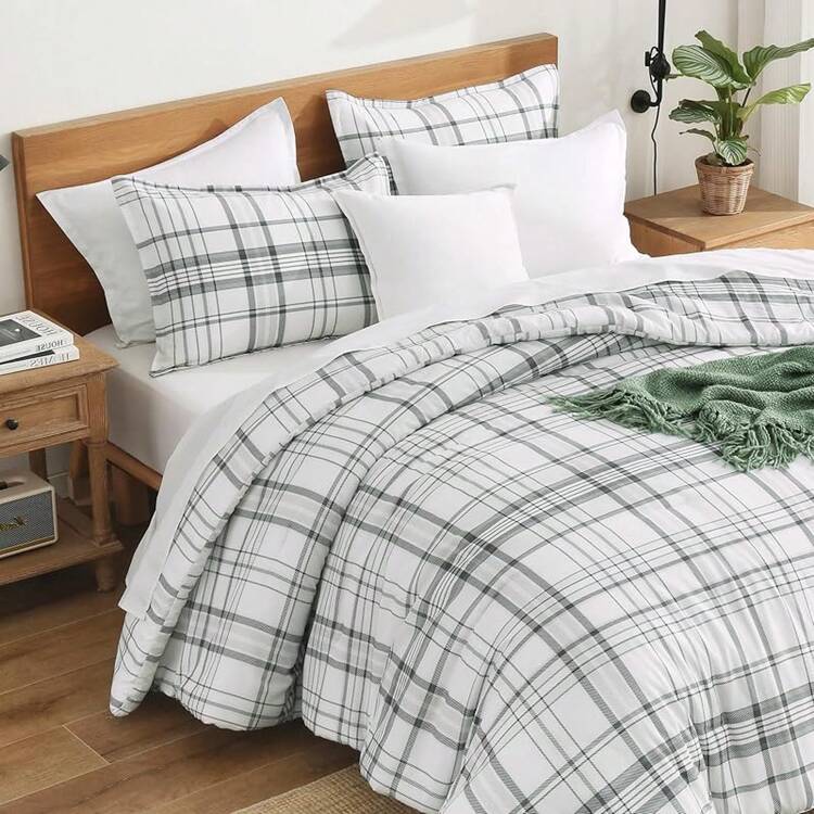 Checkered Comforter Twin (66x90Inch), Black White Plaid Gingham Bed Set, Lightweight Microfiber Geometric Preppy Bedding, 2 Pieces, Bedding F2BF - 09 - 格子圖案 - 綠白 - 查看 1