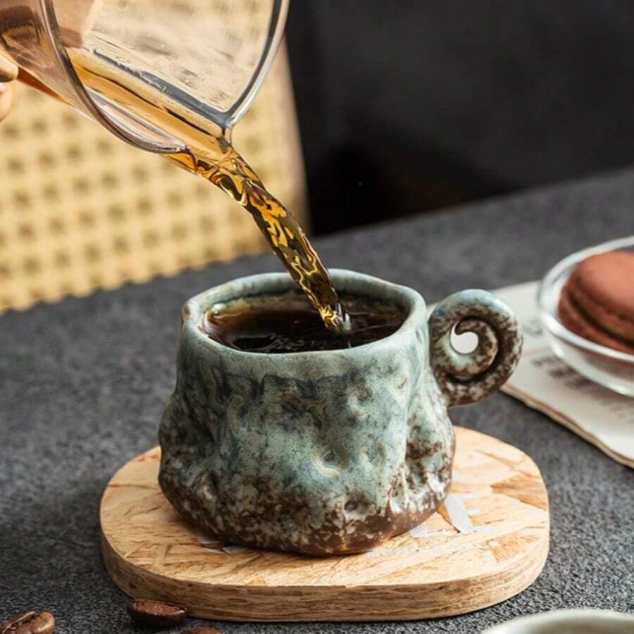 1个迷你陶瓷杯，优雅茶杯，复古风格马克杯，奢华手工不对称咖啡杯，客用茶杯，小咖啡杯，适合家庭和办公室使用 - 彩色 - 查看 1