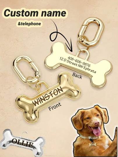 [Customized] Fashionable Dog ID Tag, Gold Bone Shaped Pet Tag, Can Be Customized With Dog's Name, Also Available: Phone Tag, Sliding Cat ID Tag, Pet Tag, Dog Paw Pendant, Perfect Christmas Gift!