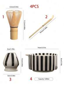 1pc/2pcs/3pcs/4pcs Black Striped Japanese Matcha Tea Set, Includes Matcha Bowl, Matcha Whisk, Matcha Cup, Stirrer, Tea Scoop, Tea Bowl Set, Matcha Preparation, Dessert & Beverage Making Tools, Japanese Gift Box, Songdai Matcha Whisking Set, Gift For Matcha Lovers - Multicolor - View 3