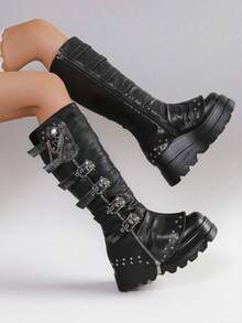 Women's Punk Thick-Soled Knee High Boots Wedge Heel Side Zipper Shoes Belt Buckle With Skull Chain Rivet Decor Fashionable Fall Boots - 黑色 - 查看 1