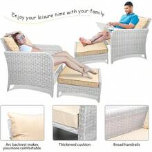 Balcony Furniture 5 Piece Patio Conversation Set, PE Wicker Rattan Outdoor Lounge Chairs With Soft Cushions 2 Ottoman&Glass Table For Porch, Lawn-Brown Wicker - 灰色/卡其色 - 查看 9