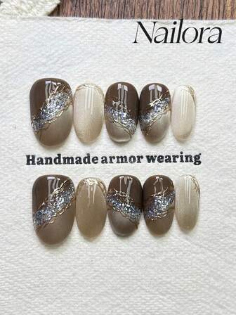 10 件手工指甲椭圆形指甲人造按压指甲短中指甲，极简主义棕色渐变晕染渐变指甲，闪亮闪光粉手绘不对称线条，明亮猫眼，可爱简约优雅奢华手工指甲夏季指甲，极简主义美学，多功能指甲 DIY 假指甲艺术派对日常和约会使用海滩热带度假适合可重复使用，适合女性和女孩作为礼物指甲用品