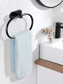 Bathroom Wall-Mounted Towel Rack, Stainless Steel Towel Ring For Kitchen, Bathroom And Laundry Room, No Drilling Required To Hold Towels And Rags, Heavy-Duty Towel Hook, Face Towel Rack With Hooks - Black - View 3