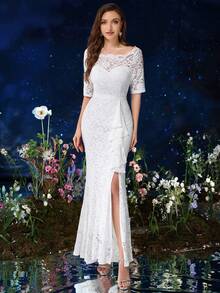 Đầm maxi ren toàn thân cổ chữ V, viền bèo nhún, thích hợp cho dạ hội, mùa thu, tiệc trang trọng, váy cưới trắng, váy cô dâu, cũng thích hợp cho sinh nhật, dạ hội, lễ tốt nghiệp, ngày lễ và các dịp khác. - trắng - Xem 4