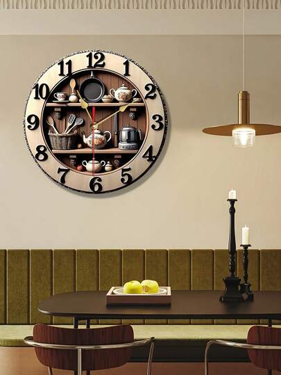 2D Flat 10/12 Inch Wooden Wand Klok Kitchen Utensils Silent, Battery Powered, No Drip Sound, Perfect Kitchen, Bathroom, Living Room (Battery Not Included), ative view 3