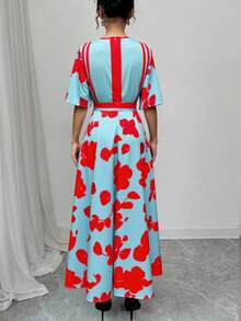 1 件女士花卉印花休闲优雅派对连衣裙，编织面料配腰带，长款连衣裙适合度假、办公室、居家、花园、旅行、夏季