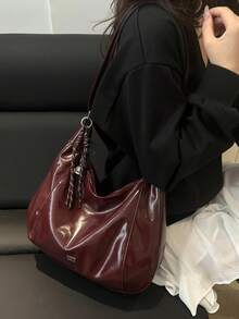 时尚勃艮第女士手提包，新款时尚单肩包，今年流行 - 酒紅色 - 查看 4