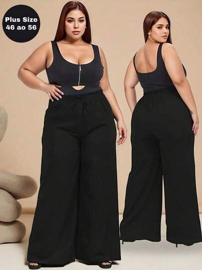 Calça Wide Leg Colorida Plus Size Cintura Alta Soltinha Leve Moda Dia a Dia Escritório Elegante Trabalho