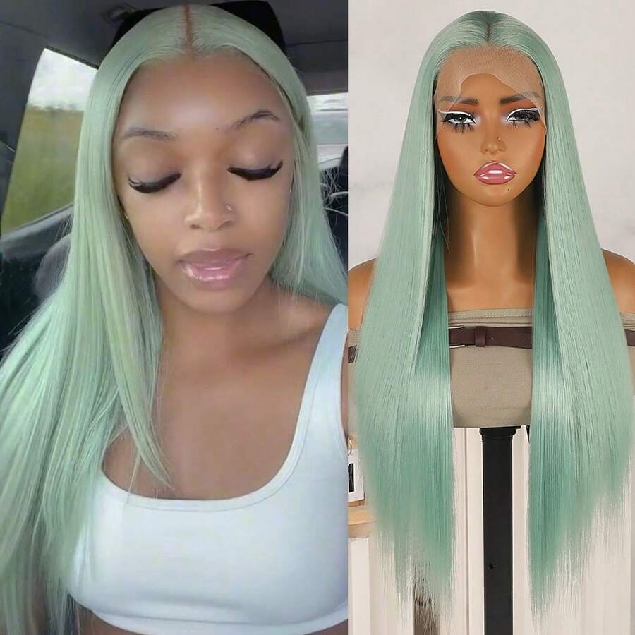 26 Inches 180% Density Long Silky Straight Hair Light Green Color Synthetic Lace Front Wigs 13x4 Lace Area Free Part Pre Plucked With Baby Hair Around Natural Hairline Glueless Heat Resistant Fiber Frontal Lace Replacement Wig For Fashion Women Girls Party Vacation Show Makeup Use Daily Wear - 橄欖綠 - 查看 1