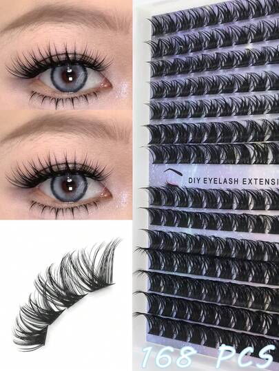 Estensioni ciglie a grappolo D Curl, 168 pezzi, ciglie a ciuffo sfilacciate, ciglie individuali soffici 9-16mm, impermeabili, estensioni ciglie naturali fai-da-te con fascia sottile e morbida