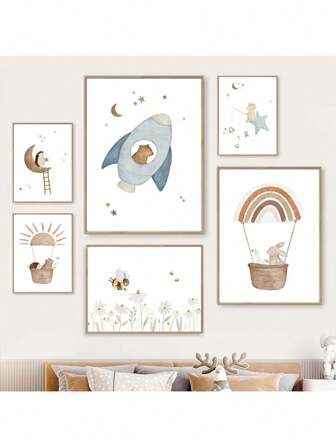 1pc Boho Space Rocket Bear Rabbit Hedgehog Bee Flowers Nursery Posters Wall Art Print Canvas Painting Baby Kids Room Home Decoration