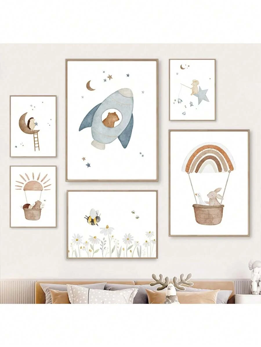 1 pieza Póster de arte de pared con impresión en lienzo de estilo boho con cohete espacial, oso, conejo, erizo, abeja y flores para decoración de habitación de bebé y niños
