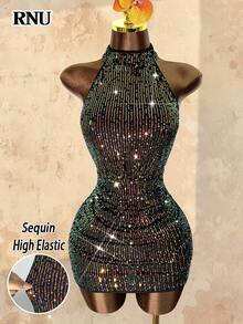 RNU 彩色亮片露背弹力性感紧身连衣裙，适合约会、嘉年华、派对、夜店、街头、情人节、新年、生日，春夏秋冬皆宜。 - 彩色 - 查看 7
