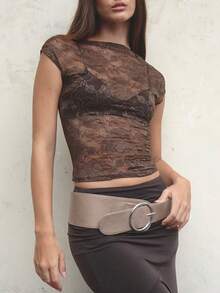 Women Y2K Lace Floral Crop Top Sexy See Through Sheer Mesh T Shirts Slim Fit Aesthetic Going Out Tees Tops Streetwear - 棕色 - 查看 4