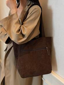 Túi đeo vai tối giản cho nữ, Túi tote vải nhung kẻ, Túi xách nữ có thể gấp gọn dung tích lớn, Túi mua sắm thời trang, Ba lô học sinh - màu nâu - Xem 6