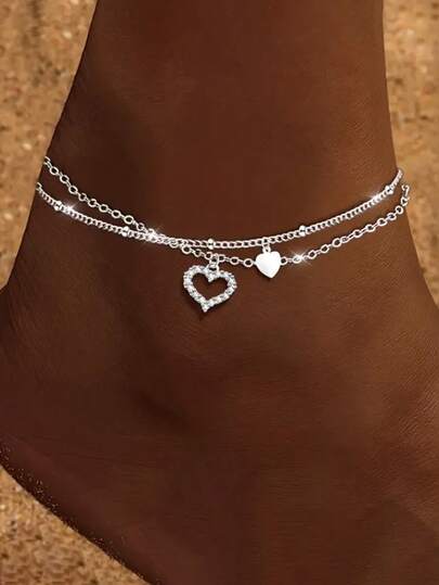 1 件 925 纯银女士脚链，双层心形脚链，优雅时尚，适合日常佩戴、婚礼和派对，是送给女性的完美礼物。