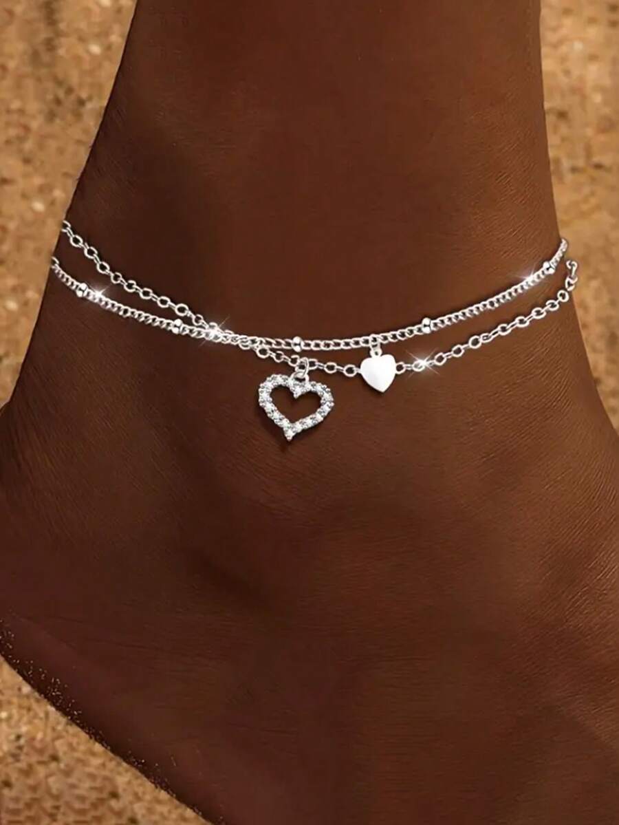 1 件 925 纯银女士脚链，双层心形脚链，优雅时尚，适合日常佩戴、婚礼和派对，是送给女性的完美礼物。