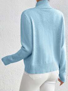Womens Fall Long Sleeve Sweaters Casual Solid Color Stand Up Collar Knit Sweater For Spring Autumn Daily Office Wear - Blue - View 6