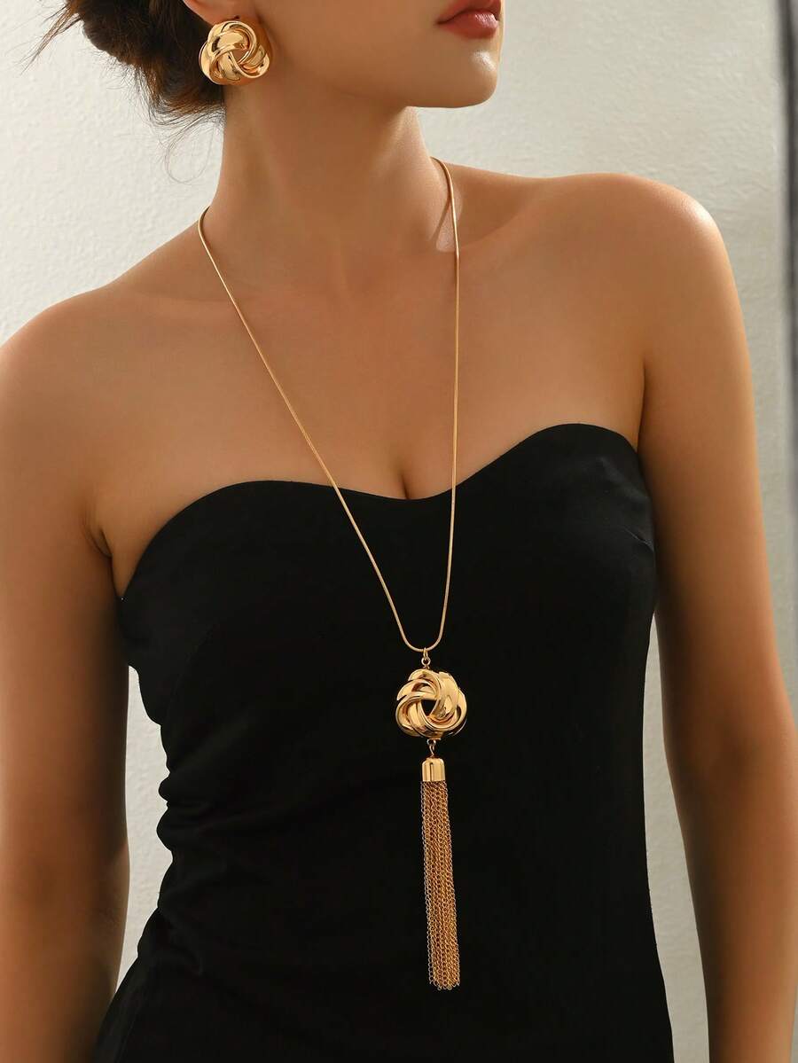 2 件复古百搭几何 3D 不对称包裹金属链流苏项链和耳环套装，时尚个性化创意项链耳环，适合女性日常、节日、派对、休闲穿着 - 金黃色 - 查看 1