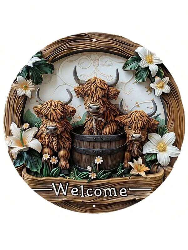 1pc 8x8 Inches Charming Highland Cow & Lily Metal Sign - UV Resistant & Scratch Proof, Indoor Outdoor Decor