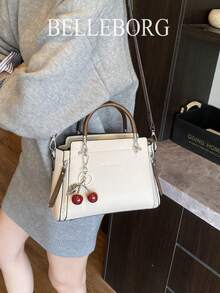 BELLEBORG Lychee Texture Zipper Decor Women Handbag With Pendant - Beige - View 3