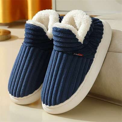 Pantuflas de unicolor con rayas y tacón, zapatos de suela gruesa y cálida nueva de felpa para hombres, zapatos planos y versátiles con forro térmico para uso en exteriores para mujeres
