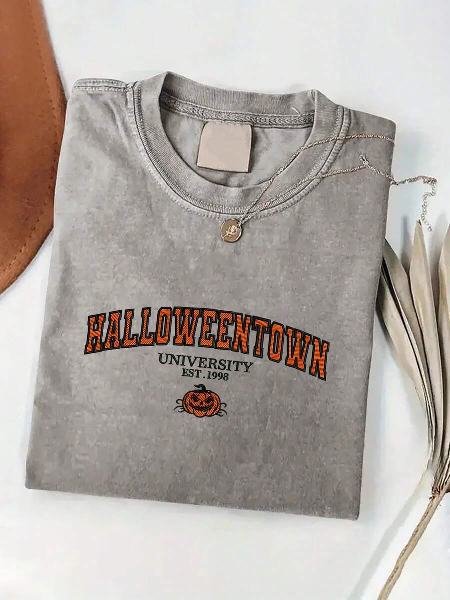 230g Washed, Halloween Town Printed T-Shirts, High-Quality Batik Cotton Vintage Fashion Brand T-Shirts, Beach Essential, Men's Summer T-Shirts, Holiday Gifts, Perfect Gifts. - 深灰色 - 查看 1