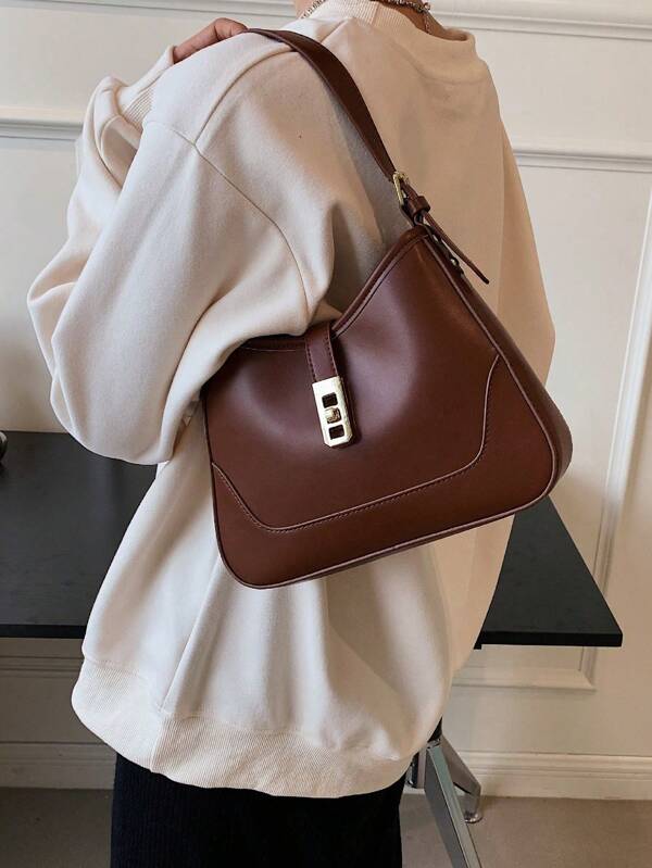 حقيبة كتف أنيقة بلون واحد بحزامين، حقيبة نسائية كاجوال على الطراز الرجعي