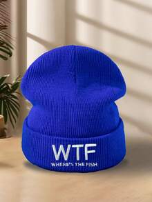 1pc Men's Embroidered Knit Beanie Hat, Stylish & Personalized For Fishing, Skiing, Camping, Elastic Pullover Hat, Autumn/Winter